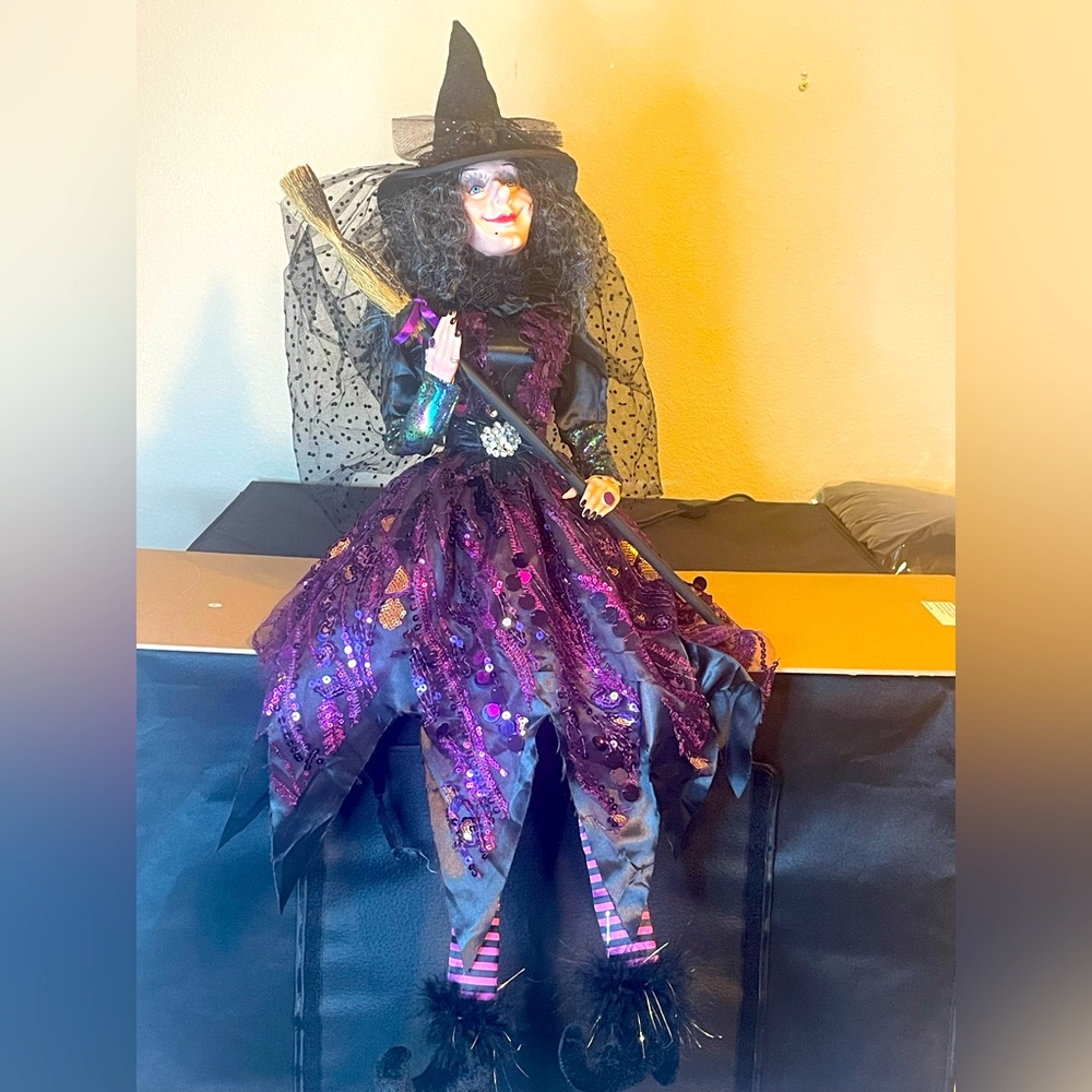 Witch Crafters:31”Halloween Black & Purple Witch Shelf Sitter Doll w/Broom Stick